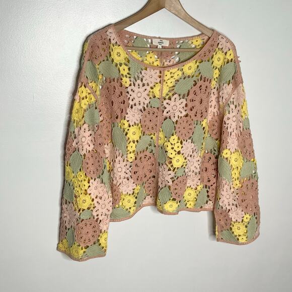 Entro Long Sleeve Crochet Sweater Womens Large Pink Floral Lace Boho Cottage - Picture 4 of 11